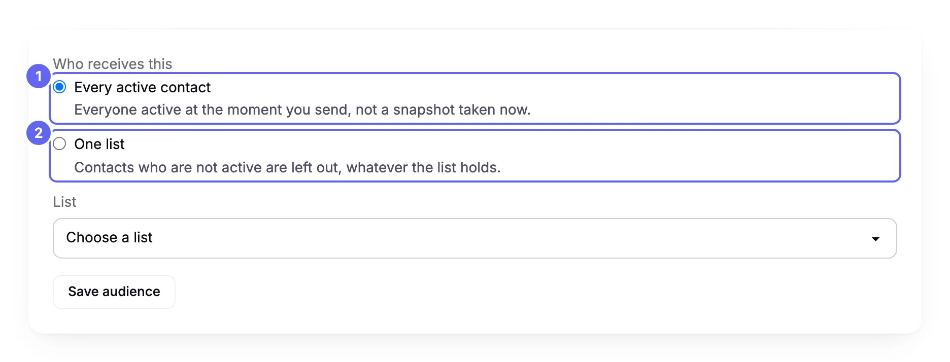 The Who receives this card on a draft campaign, with a choice between Every active contact and One list, a List menu, and a Save audience button