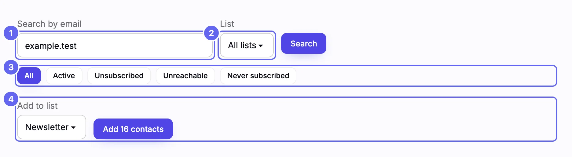 The Contacts filters: a Search by email field, a List menu, the status buttons from All to Never subscribed, and an Add to list control with a button labeled with the number of matching contacts