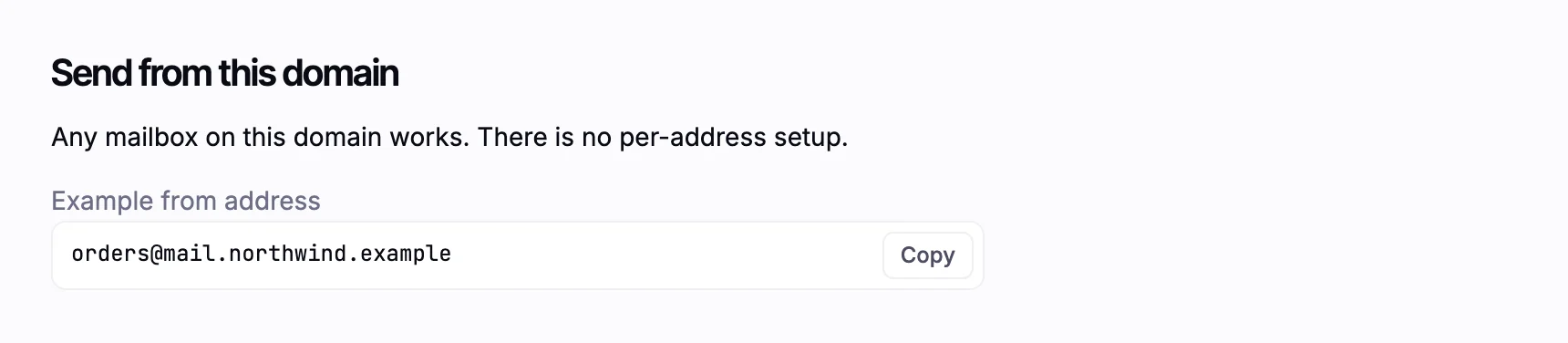 The Send from this domain panel for mail.northwind.example, with an example from address, orders@mail.northwind.example, ready to copy