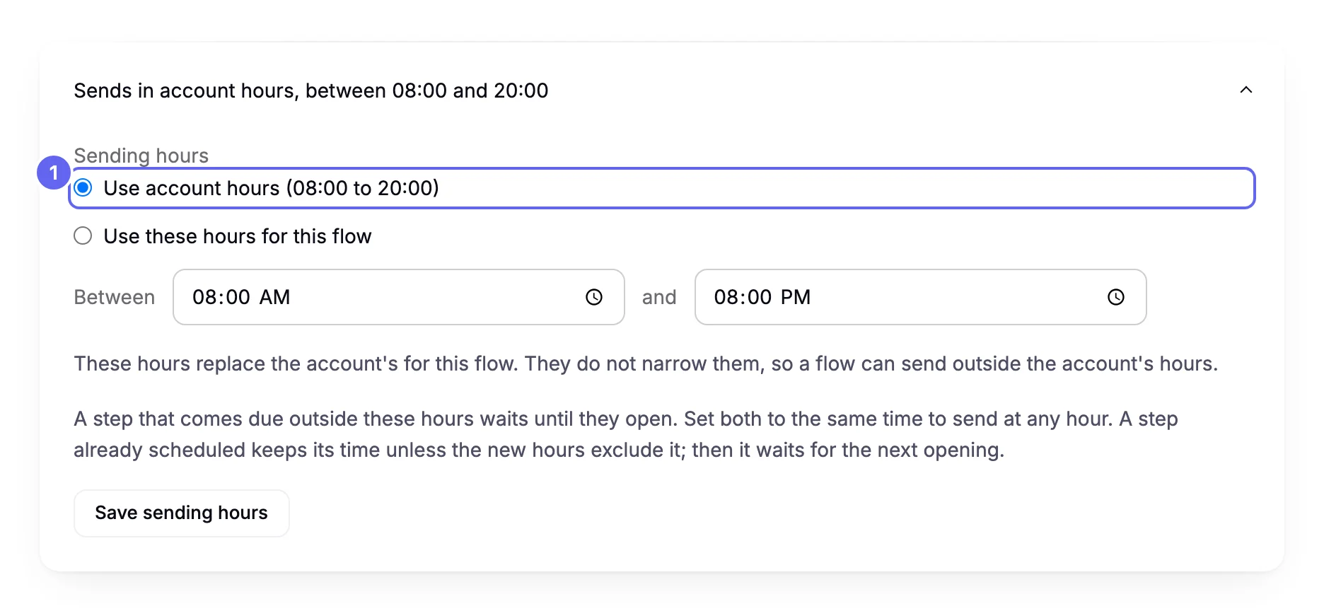 The sending hours setting for the Welcome series flow, opened from its summary line Sends in account hours, between 08:00 and 20:00, with Use account hours chosen and showing 08:00 to 20:00, the option Use these hours for this flow below it, and Between and and time boxes above a Save sending hours button