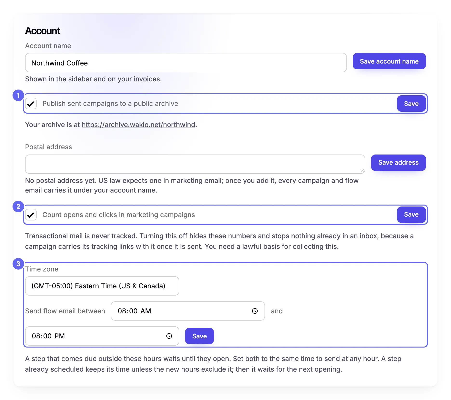 The Account card on the Settings page: the Account name field, a ticked Publish sent campaigns to a public archive checkbox, a ticked Count opens and clicks in marketing campaigns checkbox, and the Time zone list set to Eastern Time (US & Canada) above the Send flow email between 08:00 and 20:00 boxes
