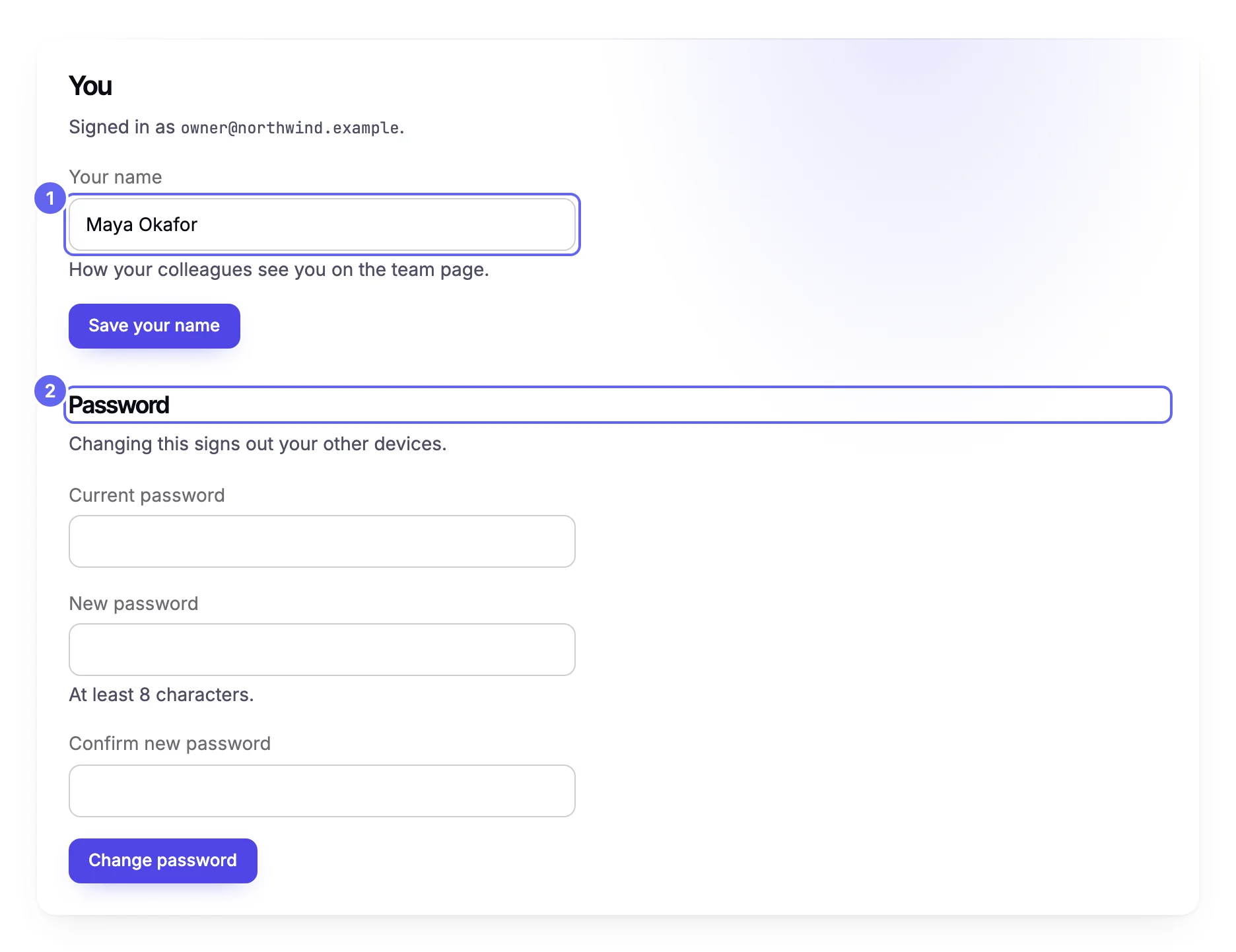 The You card on the Settings page: a Signed in as line with your email address, the Your name field with a Save your name button, and a Password section with Current password, New password and Confirm new password fields