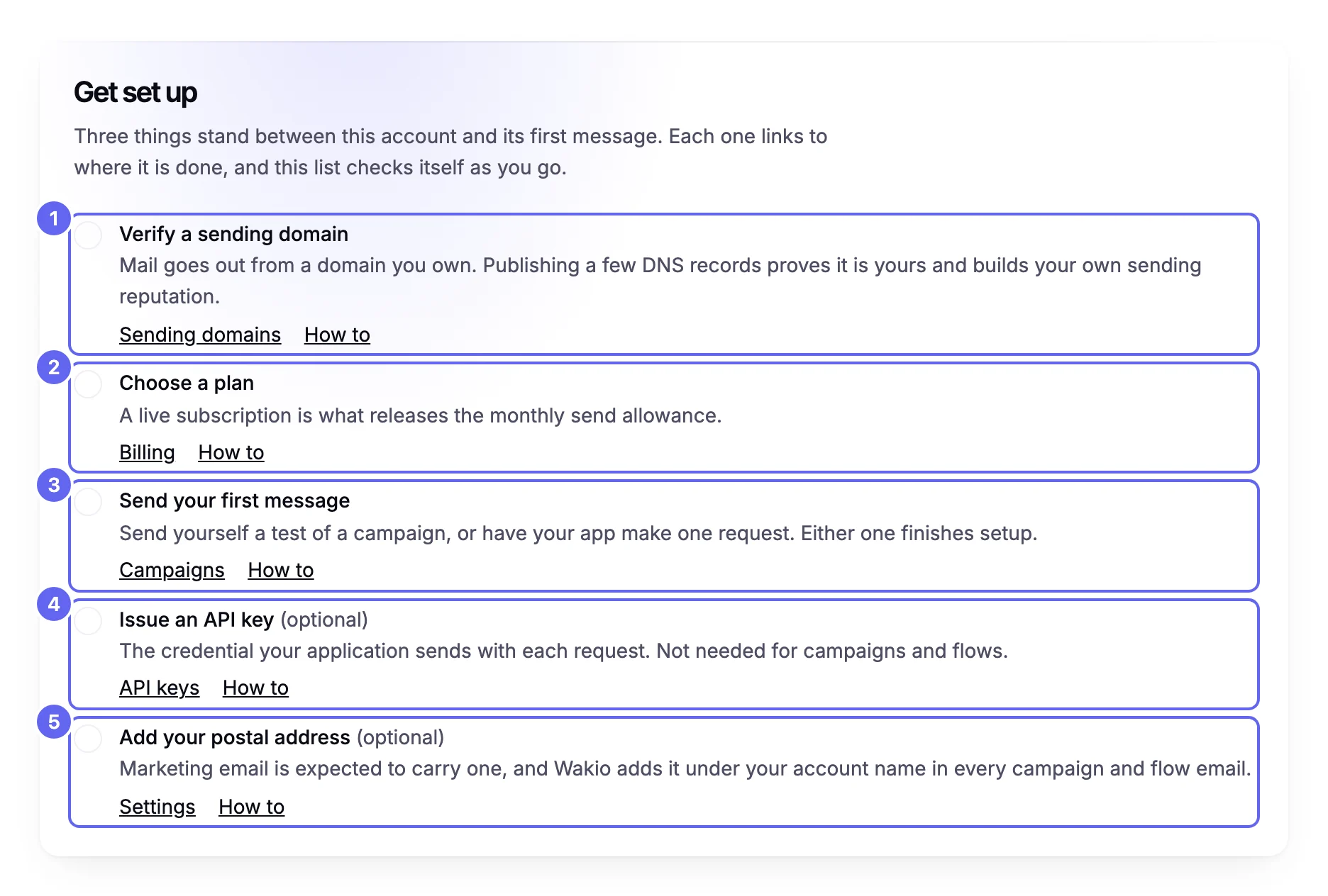 The Get set up checklist on Overview, with three steps: verify a sending domain, choose a plan, and send your first message, then two optional steps to issue an API key and add a postal address