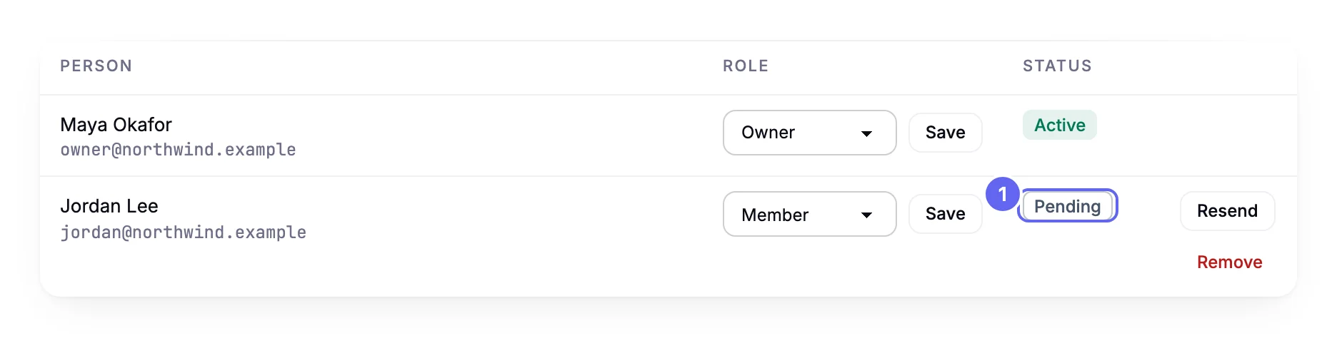 The Team list, with Maya Okafor as an active owner and Jordan Lee as a member whose status reads Pending