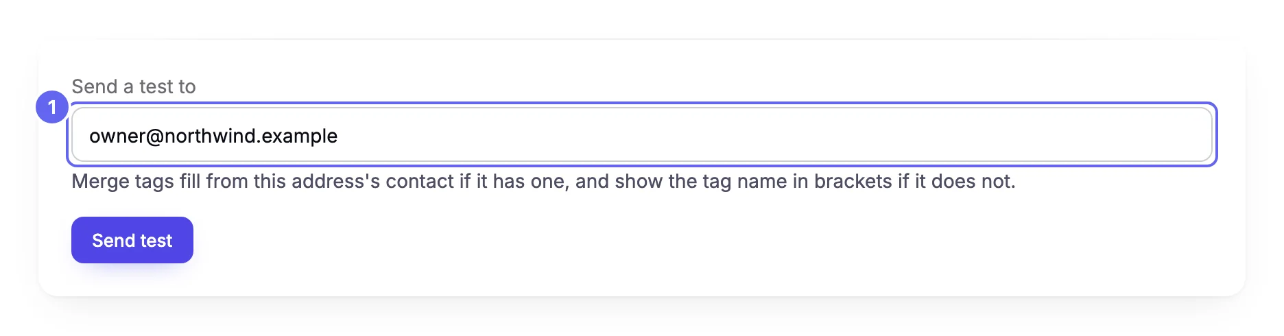 The Send a test to form on the Winter subscription preview campaign, with an email field already filled in with the signed-in user's address, a note about merge tags, and a Send test button