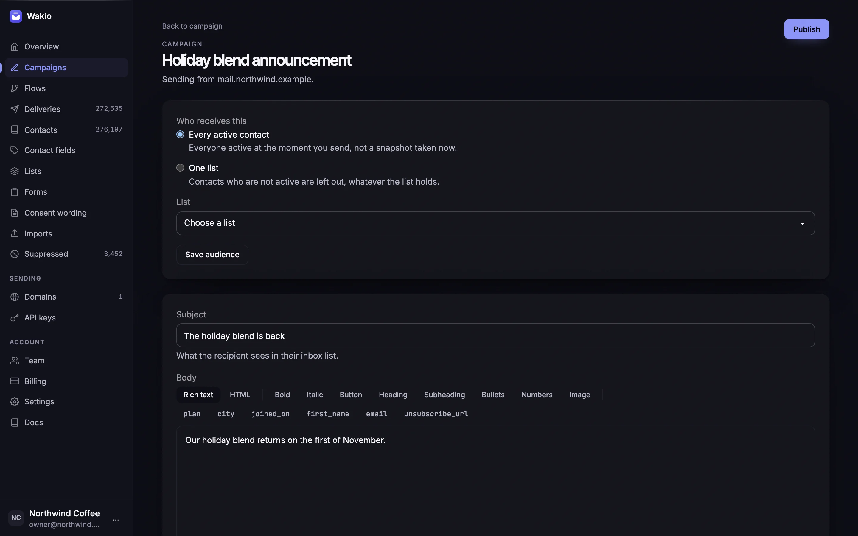 The Wakio composer: a subject line and a rich-text body with buttons for each contact field as a merge tag