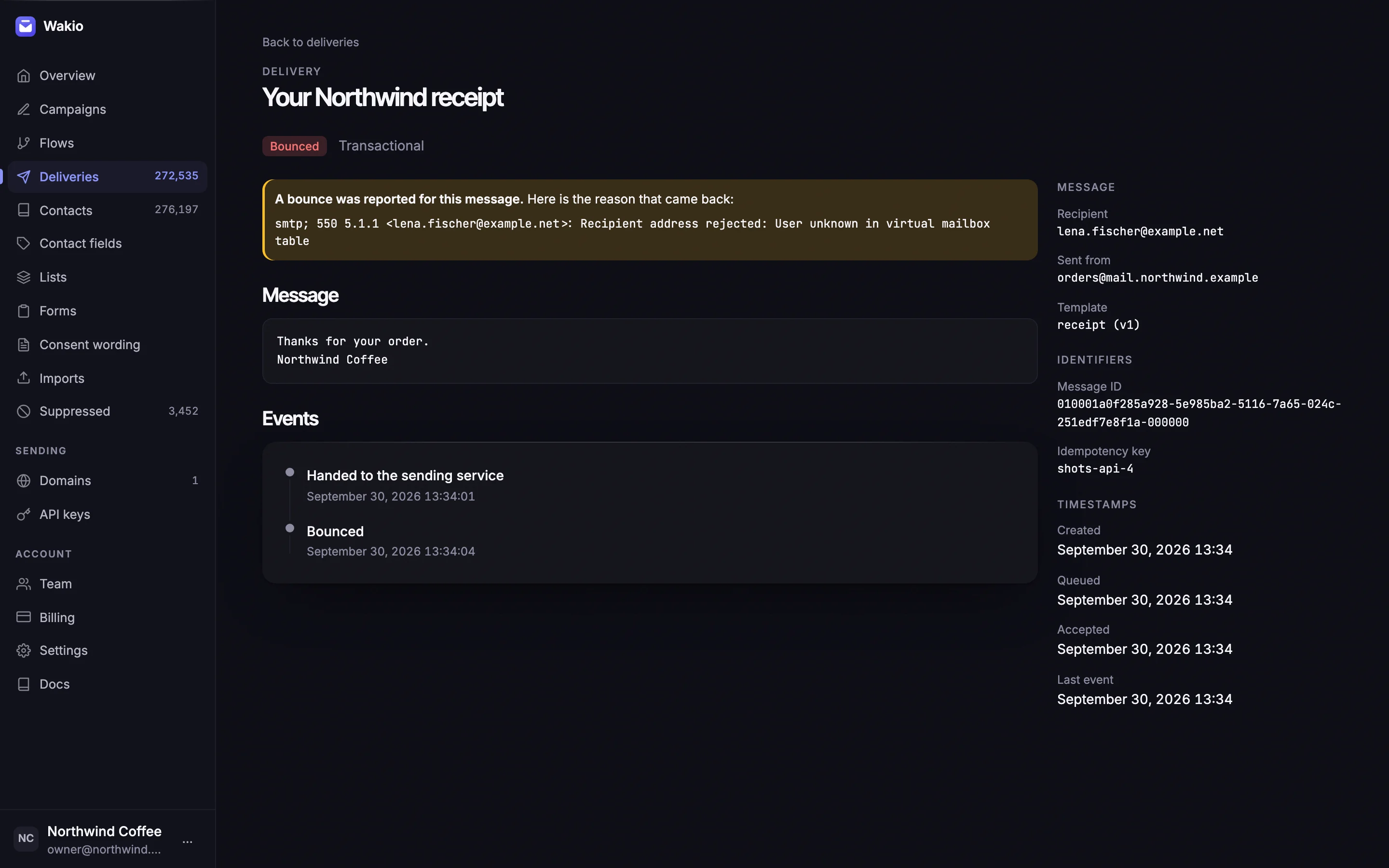 A bounced receipt in Wakio: when it was accepted and when it bounced, with the reason the receiving server gave