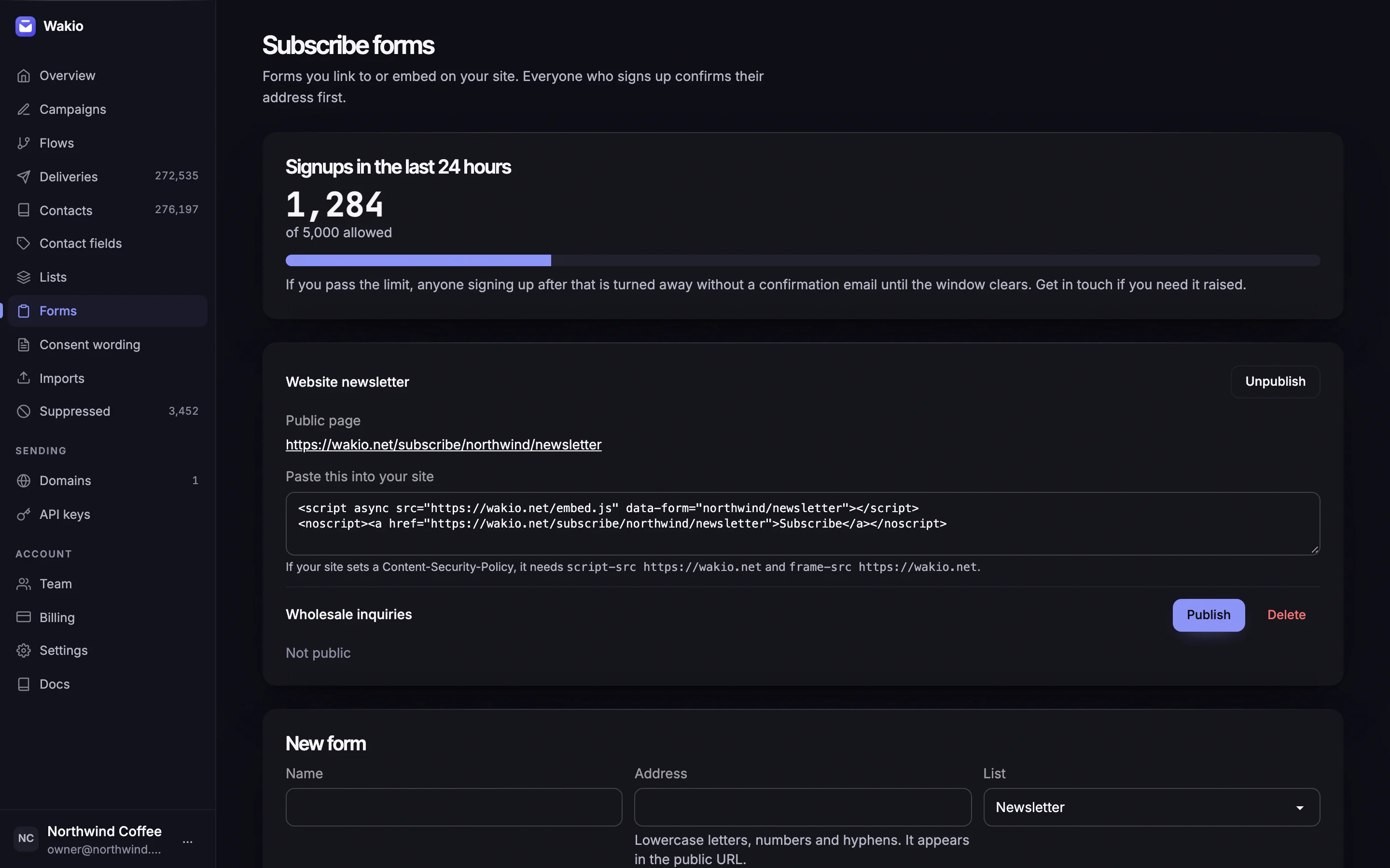The Wakio subscribe forms page: signups in the last 24 hours, a published newsletter form with its public page and embed snippet, and a form to create another